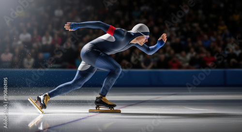 Speed skater in dynamic start position on indoor ice rink with audience