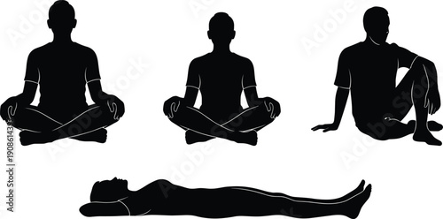 Set of people sitting in meditation and lying down silhouettes, men and women practicing mindfulness and yoga poses, black vector icons. (22 words)