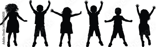 Set of happy children jumping and cheering silhouettes, group of diverse kids playing with arms raised, black vector icons on white. (22 words)
