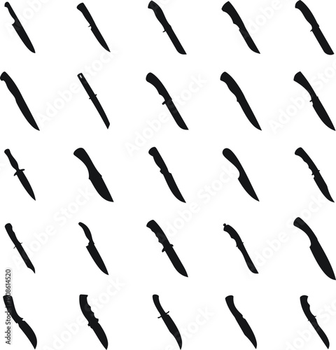 Set of black silhouettes featuring various tactical hunting and survival knife blades isolated on white background, sharp weapon icons for military defense and outdoor equipment. AI Generative
