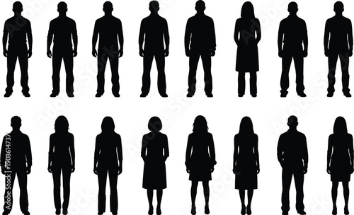 Diverse black silhouettes of standing men and women collection, professional people group isolated on white background for architectural scale and design.