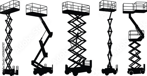 Silhouette set of scissor lifts and aerial work platforms in different heights, mobile elevating equipment for construction, maintenance and industrial access, black and white.