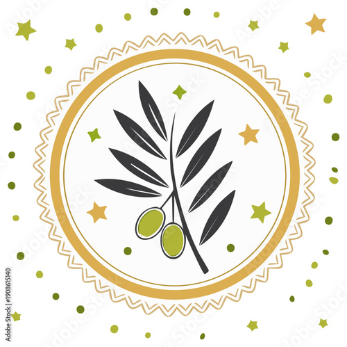 Stylized Olive Branch with Fruit and Stars in Decorative Circle