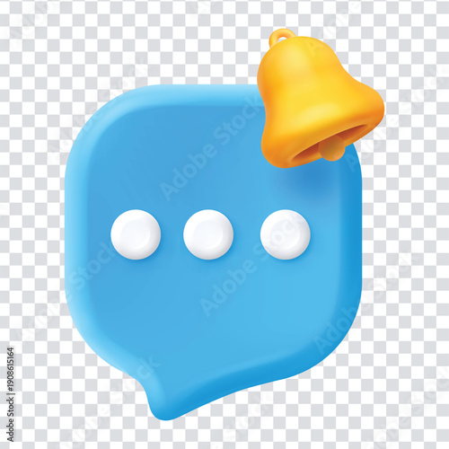 3d blue speech bubble with white dots and gold bell on top