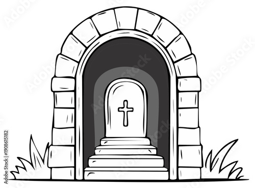Ornate Stone Tomb Entrance with Cross and Steps, Hand Drawn Style