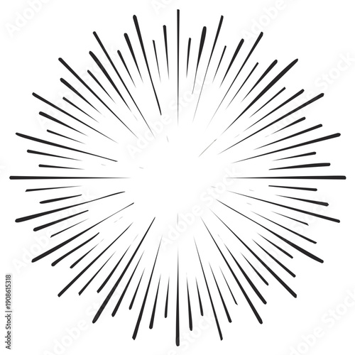 Abstract radial burst of thin black lines originating from a central point creating a sunburst effect