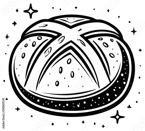 Artistic illustration of a round bread roll with cross-shaped cuts, simple black and white design