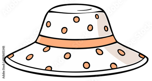 Cute cartoon illustration of a polka dot summer sun hat with a wide brim