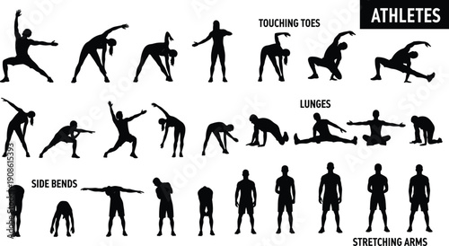 Athlete stretching exercise silhouettes set warm up fitness workout poses training vector illustration isolated black