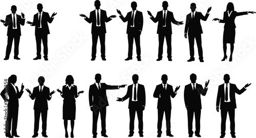 Business people silhouettes presentation set, men and women speaking gesturing explaining ideas, corporate communication leadership teamwork concept illustration isolated