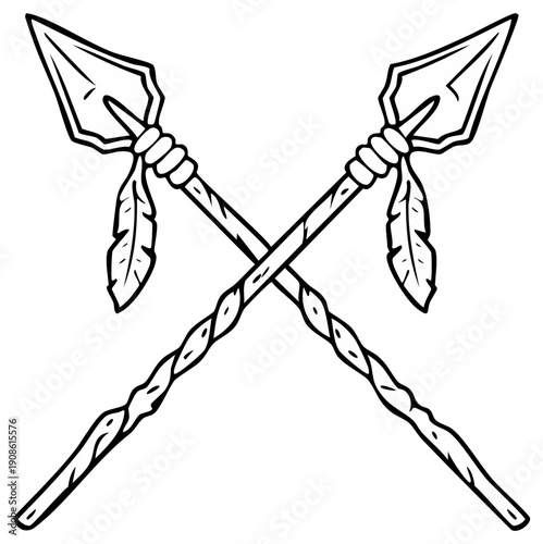 Crossed Spear Illustrations with Feather Decorations in Black and White
