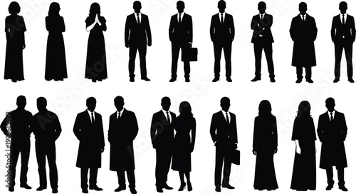 Business people silhouettes collection, professional men and women standing together, formal attire corporate lifestyle teamwork leadership concept illustration isolated