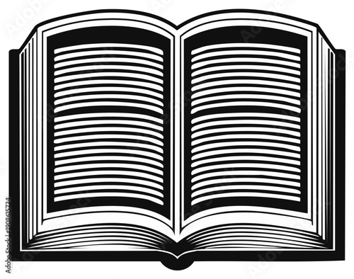 Open book with densely lined pages representing knowledge and learning in a graphic illustration style