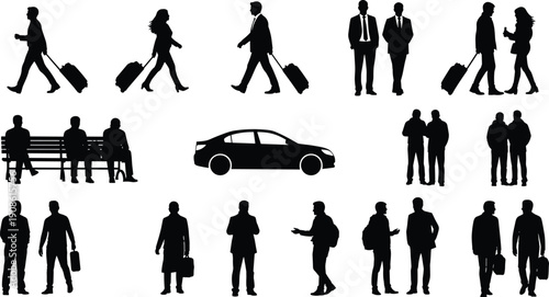 Business travel people silhouettes collection, men and women with luggage, commuting walking waiting scenes, urban lifestyle illustration isolated
