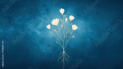 A stylized illustration of a delicate plant with white flowers against a deep blue textured background, symbolizing growth and beauty.