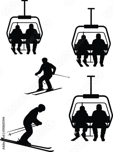 Silhouette set of skiers riding chairlift and skiing downhill, winter sport activity at ski resort, alpine mountain tourism adventure illustration in black and white style.