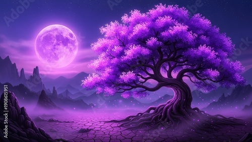 Mystical purple tree glowing under full moon in magical landscape