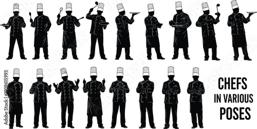 Chef silhouettes collection, professional cooks in various poses holding kitchen tools, culinary occupation characters, restaurant cooking concept illustration isolated