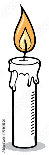 Burning Candle Cartoon Illustration, Glowing Flame and Wax Drippings, Isolated