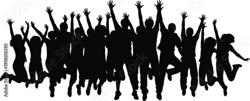 Happy people silhouettes jumping together, group celebration joy energy success teamwork concept, youth crowd excitement lifestyle illustration isolated