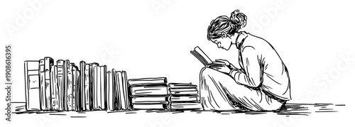 girl reading book next to stack of books