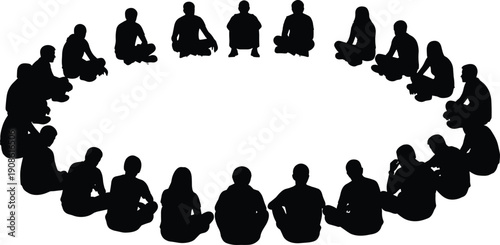 Group of people sitting in circle silhouette teamwork community discussion meeting meditation diversity unity concept isolated white background vector illustration
