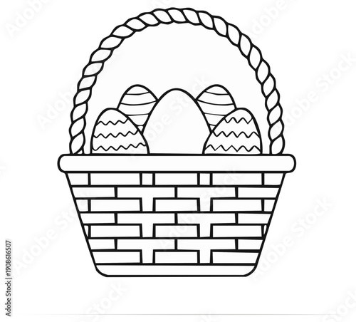 Easter basket filled with decorated eggs outline drawing for coloring and celebration