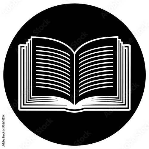 Open Book Icon With Pages and Text Lines on a Black Circle
