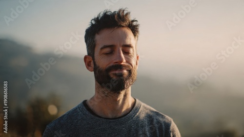 Man meditates outdoors with eyes closed
