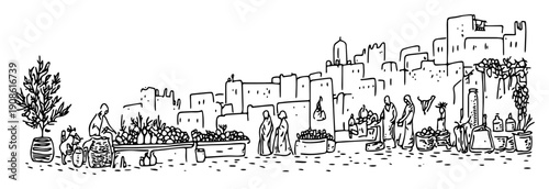ancient market scene with city backdrop