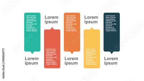 Modern Professional Infographic Template Featuring Five Colorful Vertical Step Banners with Speech Bubble Pointer Arrows and Placeholder Lorem Ipsum Text for Business Process Flow