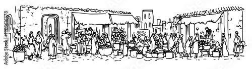 bustling ancient market with townspeople