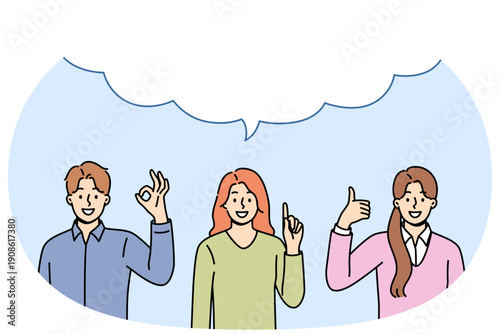 Business people make joint statement after discussion, standing under large dialogue cloud. Copy space inside dialogue bubble and office employees showing affirmative and recommendatory gestures