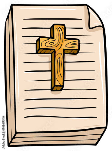 Wooden Christian Cross Resting on Lined Paper or Open Book Page