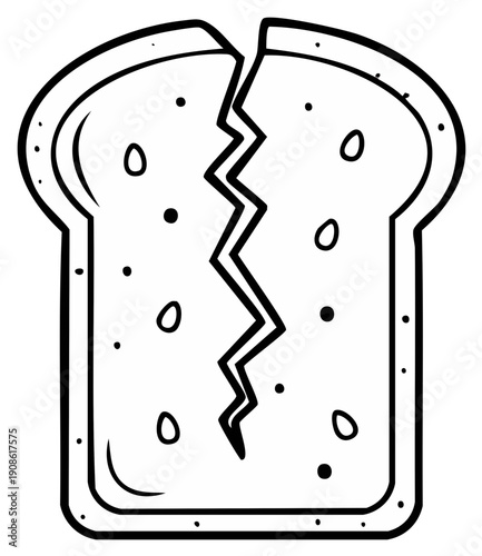 Broken slice of bread cartoon outline with dark spots and a jagged crack down the middle