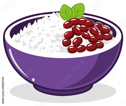 Illustrated bowl of white rice with red beans and green garnish isolated on white