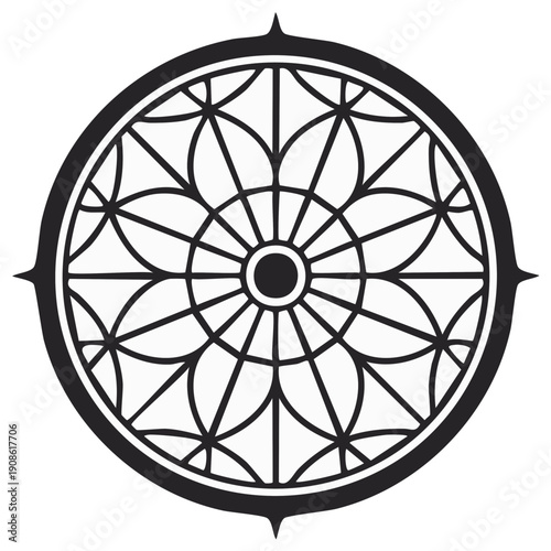 Intricate Circular Geometric Pattern with Floral Motifs and Compass Rose Elements
