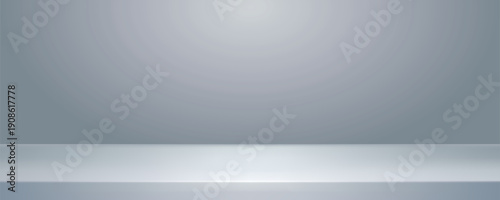 Clean minimalist 3D empty white studio room with light grey wall and horizontal podium stage for product display. Elegant soft lighting with subtle shadows, professional high resolution setup.