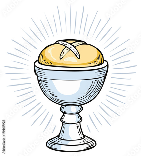 Hand drawn illustration of a chalice with bread, a symbol of the Christian Holy Communion Eucharist.