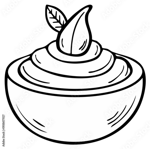 Hand-drawn outline of hummus dip topped with almond and a leaf in round bowl. Vegan Mediterranean cuisine served as a snack.