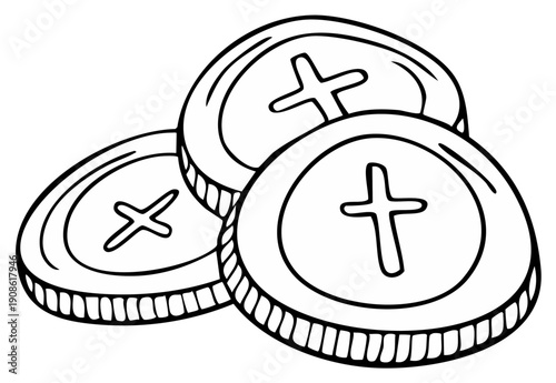 Pile of stylized spiritual tokens line art illustration