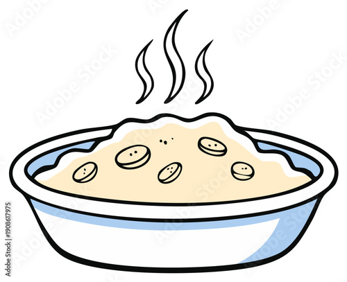 A steaming hot bowl of oatmeal porridge with banana slices cartoon vector illustration