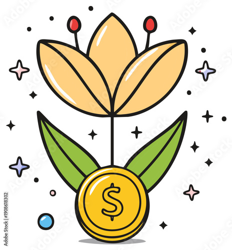 Blooming Money Flower with Dollar Coin and Sparkles