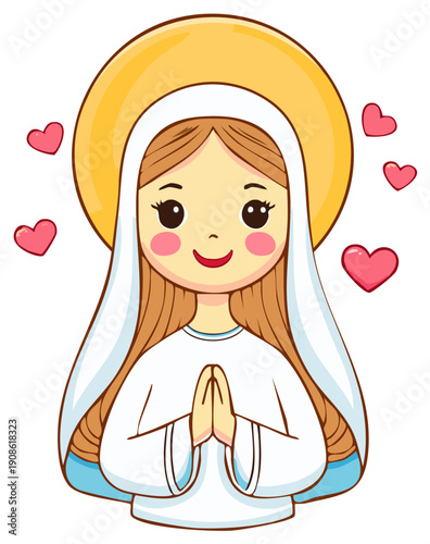 Sweet Cartoon Style Woman in White Veil and Golden Halo Praying Happily with Pink Hearts