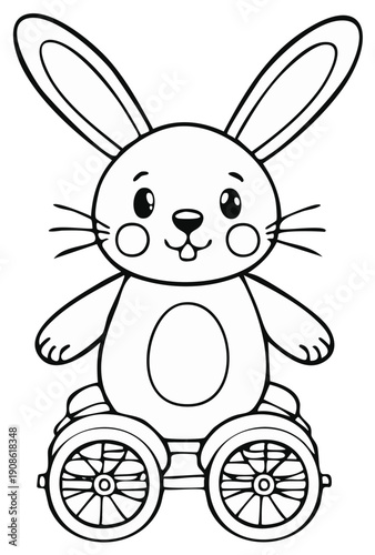 Cute bunny character on a wheeled platform illustration simple line art for coloring