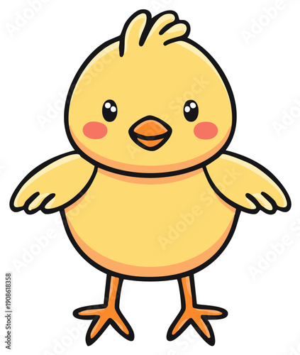 Cute cartoon yellow chick with fluffy feathers and rosy cheeks illustration