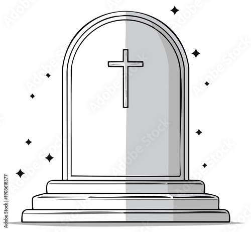 Religious Cross Gravestone Monument with Sparkling Stars and Shadow