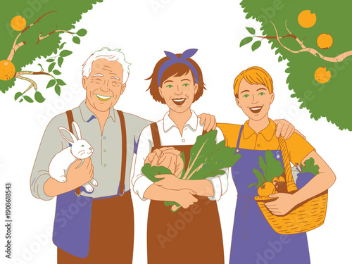 Diverse farming family with rabbit and basket of fresh vegetables, smiling cheerfully under orange trees