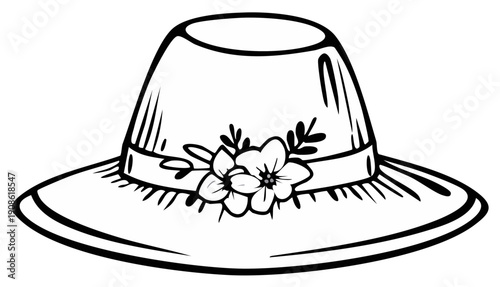 Elegant wide brim hat adorned with delicate floral embellishments line art drawing