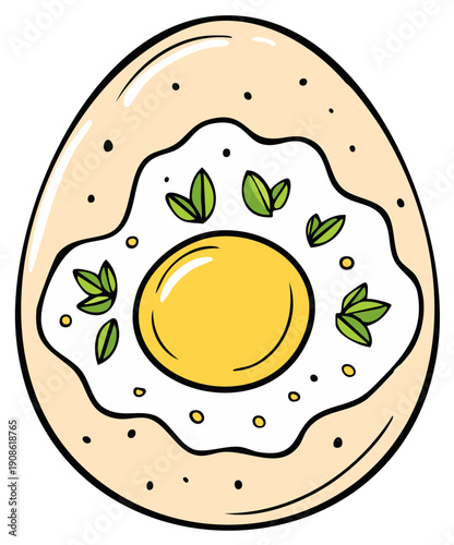 Vibrant cartoon fried egg illustration in an eggshell with fresh green leaves